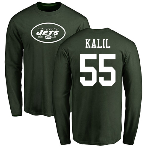 New York Jets Men Green Ryan Kalil Name and Number Logo NFL Football #55 Long Sleeve T Shirt->nfl t-shirts->Sports Accessory